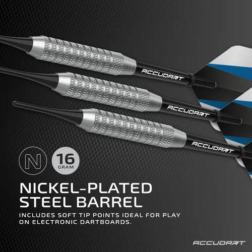Vista 2 de Accudart Soft Tip Dart Set 1.0 – Barril de acero niquelado, agarre moleteado, ejes de policarbonato, vuelos estándar – Puntos de punta suave