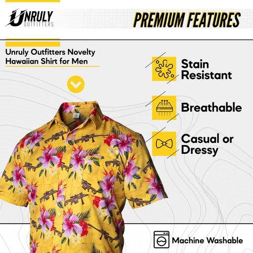 Vista 2 de Unruly Outfitters - Camisa hawaiana novedosa para hombre, rifles de francotirador y flores para el trabajo, fiesta, barbacoa