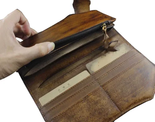 Vista 5 de clásico pesado grueso Piel Genuino hecho a mano billetera Unique Biker cartera café 92