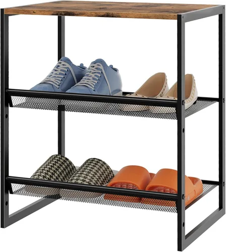 Vista 8 de Garden 4 you Zapatero estrecho de 3 niveles para armario, zapatero pequeño con mesa de madera marrón, estante de zapatos de metal ajustable