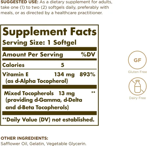 Vista 2 de Solgar Vitamina E 200 UI – 100 cápsulas blandas – Antioxidante natural, apoyo al sistema inmunológico – Sin gluten, sin lácteos – 100 porciones