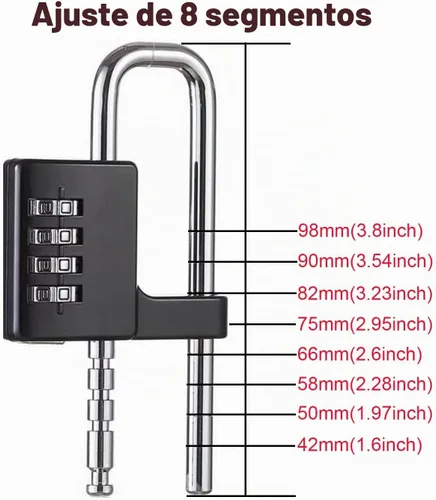 Vista 3 de Candado en forma de U de acero inoxidable, cerradura de combinación con grillete largo ajustable para exteriores, escuela, gimnasio, taquillas