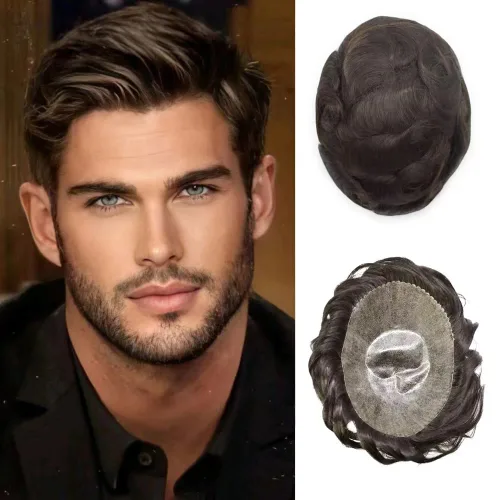 Vista 55 de Toupee para hombres pieza de pelo suave poli piel real sistema de cabello humano para hombre tupé durable PU piezas de pelo para hombres reemplazo