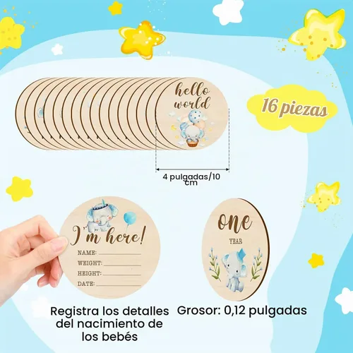 Vista 2 de Tiamon 16 tarjetas mensuales para bebé de madera, elefante azul