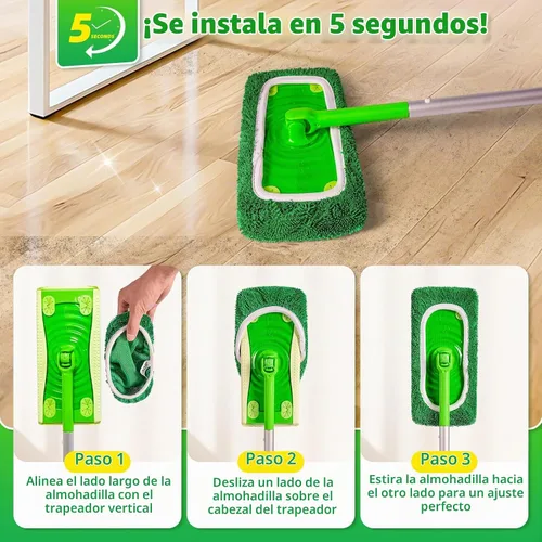 Vista 4 de Almohadillas de microfibra reutilizables compatibles con trapeador Swiffer Sweeper Mop Verde bosque