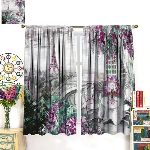 Vista 3 de Cortinas de la Torre Eiffel de París, pintura al óleo, flores moradas, torres de ciudad, con bolsillo para barra, cortinas de ventana