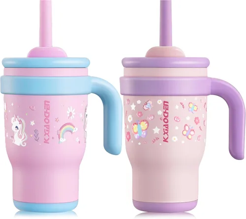 Vista 17 de KXIAOCHEN Vaso para niños de 14 onzas con asa para evitar derrames, vaso aislado reutilizable de acero inoxidable para niños pequeños, mantiene