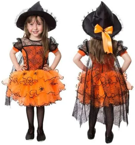 Vista 6 de Vestido de tul de Halloween para niñas pequeñas, vestido de manga larga con diseño de calabaza, telaraña, princesa, fiesta, faldas a rayas