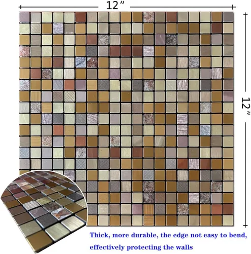 Vista 2 de 10 hojas de azulejos de salpicaduras para despegar y pegar, paneles de pared autoadhesivos de aluminio 3D, calcomanías de mosaico metálico