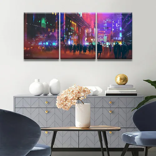 Vista 3 de Lienzo decorativo para pared, diseño de ciudad futurista Cyberpunk para sala de estar, impresión multipanel, obra de arte de cocina, pintura