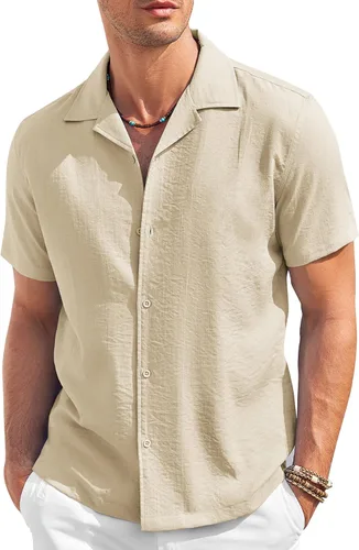 Vista 12 de COOFANDY Camisa casual con botones para hombre, manga corta, texturizada, para verano, para playa cubana