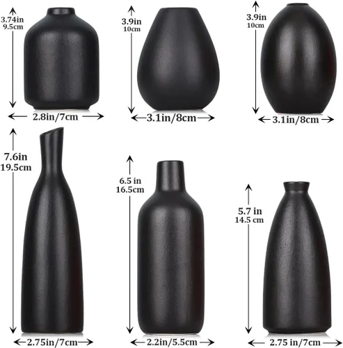 Vista 2 de Paquete de 6 jarrones pequeños de cerámica negra para decoración del hogar, jarrones pequeños y bohemios modernos para centros de mesa a granel