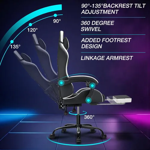 Vista 7 de HOFFREE - Silla LED para juegos con luces RGB de masaje, color blanco Blanco + Negro