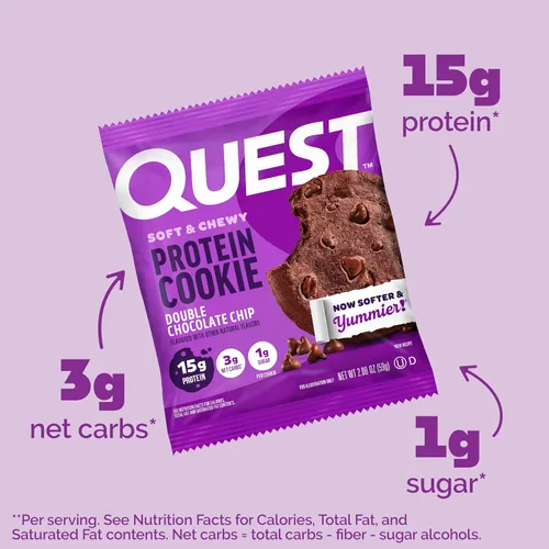 Vista 3 de Galleta de proteínas Quest Nutrition, aptas para la dieta Keto, rica en proteínas, baja en carbohidratos, sin soja.