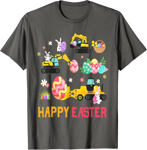 Vista 30 de Kids Happy Easter Construction Crane Truck Boys Toddler T-Shirt Negro