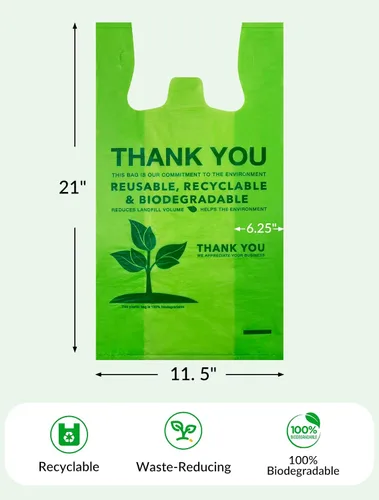 Vista 3 de UMT Plastar 500 bolsas biodegradables para camisetas, 11.5 x 6.25 x 21 pulgadas 16 bolsas de transporte ecológicas con asas fuertes para uso