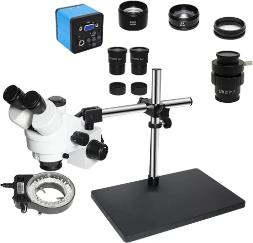 Vista 6 de Kit de accesorios para microscopio 3.5X-90X simulocal Trinocular estéreo Microscopio con soporte de brazo doble ajustable de 360 soportes 5 X C