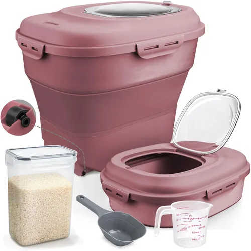 Vista 9 de Komzon Contenedor de cereales para arroz, dispensador de arroz plegable de 13 a 50 libras con tapa transparente, ruedas rodantes, taza medidora
