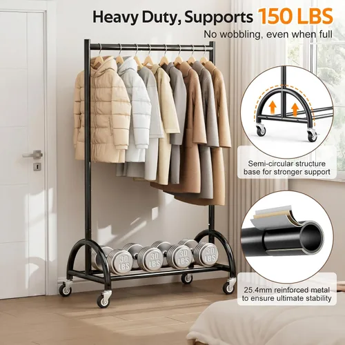 Vista 2 de MISSLO Perchero de ropa resistente con ruedas para colgar ropa, abrigos, ropa, vestidos, negro, 30 pulgadas de ancho