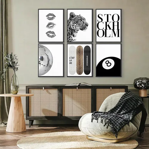 Vista 4 de 6 pósteres de lienzo blanco y negro para pared, diseño de bola de discoteca de guepardo de la suerte de 8 bolas, diseño de leopardo funky