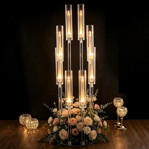 Vista 23 de Portavelas transparentes de 8 brazos para decoración de boda, candelabro alto de acrílico con pantalla para eventos del día de San Valentín, fiesta