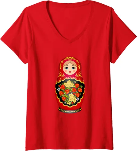 Vista 5 de Hermosa camiseta de Matryoshka Russian Strawberry Nesting Doll con cuello en V para mujer, Negro, S