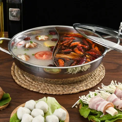 Vista 8 de 1 set de acero inoxidable doble olla caliente estilo chino doble sabor olla caliente asas cómodas diseño anti-quemaduras para reuniones de invierno