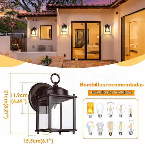 Vista 3 de Farol de pared para exteriores, aplique de pared impermeable de chocolate oscuro exterior, lámpara de pared para puerta delantera con vidrio