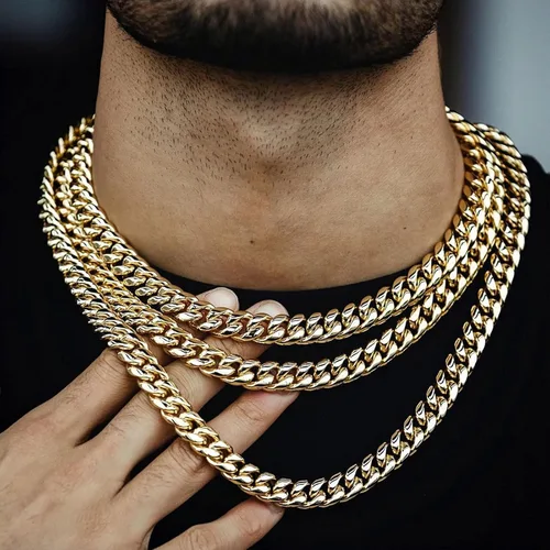 Vista 3 de Zsllzm Cadena de eslabones cubanos Miami para hombre, chapado en oro de 14 quilates, acero inoxidable sólido, joyería de hip hop de 0.394 in0.472
