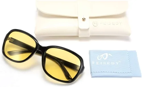 Vista 7 de FEISEDY Gafas de noche clásicas para mujer, antirreflejos, envolventes, amarillas, B2548