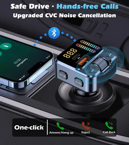 Vista 3 de Adaptador de coche Bluetooth 5.3 con transmisor FM 42W PD carga rápida Bluetooth AUX USB Music Receiver HandsFree Calls, Beat Sync LED Lights for