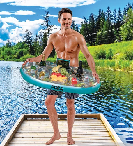 Vista 7 de POZA Hielera flotante inflable dorada – Lujoso soporte para bebidas relleno de confeti brillante, flotador de fiesta premium con 8 soportes, barra