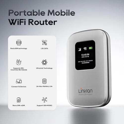 Vista 5 de Punto de acceso móvil portátil – eSIM Global WiFi Hotspot, no se necesita tarjeta SIM/contrato, 16 dispositivos, más de 180 países, enrutador