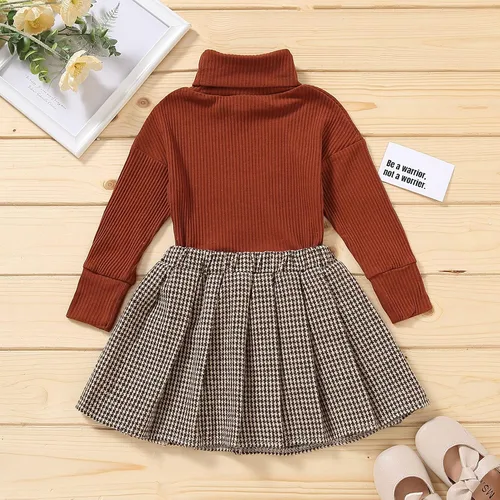Vista 2 de Conjunto de ropa de dos piezas para niña pequeña, suéter de manga larga y faldas a cuadros, trajes de otoño e invierno