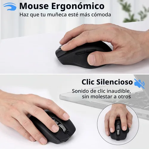 Vista 2 de Mouse inalámbrico Bluetooth con USB-A, receptor USB-C, recargable, 3 dispositivos, tamaño completo, clic silencioso, mouse ergonómico para Negro