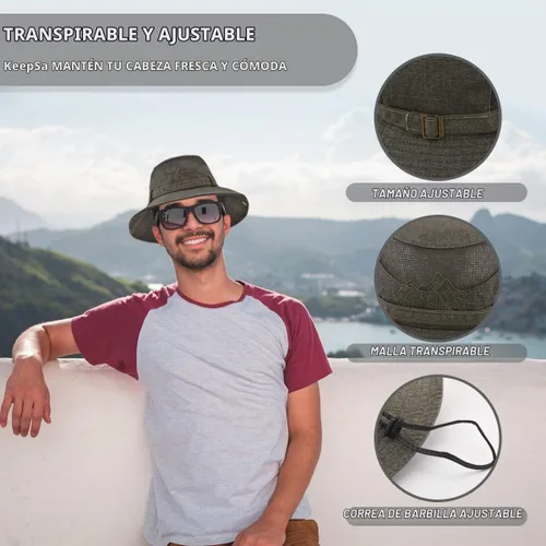 Vista 2 de Sombrero de sol para hombre, bordado de algodón, para verano, protección solar, ala ancha, plegable, estilo safari, boonie Verde militar