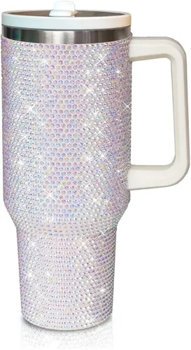 Vista 12 de Vaso de 40 onzas con tachuelas de strass con mango, popote y tapa, botella de agua de acero inoxidable aislada de doble capa para mujeres, taza