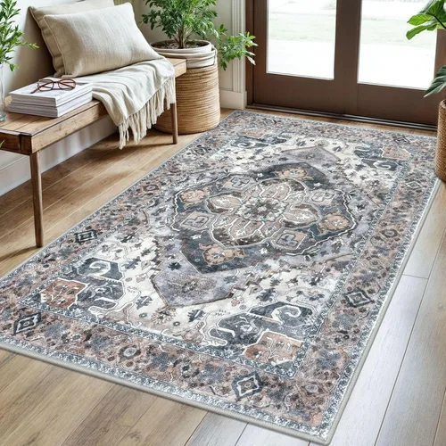 Vista 102 de SIILOOM Alfombra lavable de 2 x 3 pies, alfombra suave color taupe ceniza para entrada, tapete antideslizante para puerta de interior, tapete
