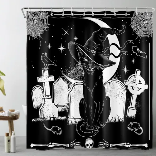 Vista 9 de LB Cortina de ducha de feliz Halloween para baño, flamenco rosa y calabaza naranja con sombrero mágico, cortina de ducha de tela con ganchos, juego