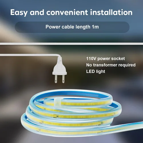 Vista 4 de Tira de luz LED 3000K AC 110V 1M Iluminación impermeable 110 voltios Tira de luz LED COB enchufable 1 metro Blanco cálido para iluminación
