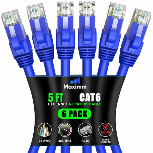 Vista 24 de Maximm Cable Ethernet Cat 6 de 0.6 pies (paquete de 6) – Cable LAN de alta velocidad, cable de Internet, cable de conexión y cable de red – UTP