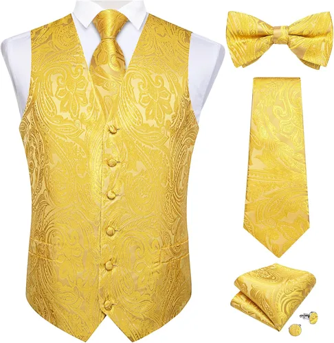 Vista 11 de DiBanGu Conjunto de 5 chalecos de seda con corbata y corbatín para hombre Paisley oro negro