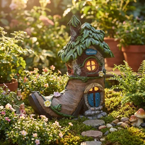 Vista 2 de TERESA'S COLLECTIONS Boot Fairy House - Estatua de jardín de resina con luz