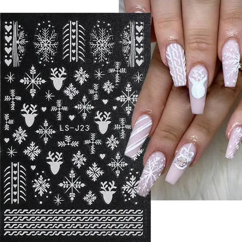 Vista 6 de 6 hojas de calcomanías de uñas de copo de nieve plateado con purpurina 3D, autoadhesivas, diseño de uñas de invierno, diseño de uñas de reno, copos