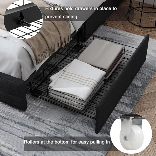Vista 4 de Moderna base de cama tapizada con 4 cajones de almacenamiento, cama de plataforma con cabecera capitonada con botones ajustables, soporte de Negro