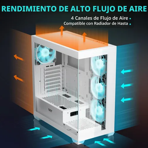 Vista 3 de darkFlash Carcasa ATX de media torre para PC, preinstala 4 ventiladores PWM ARGB, carcasa de computadora para juegos de vidrio templado doble Blanco