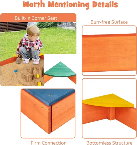 Vista 2 de HONEY JOY Caja de arena de madera para niños, pozo de arena sin fondo para exteriores con 4 asientos esquineros integrados, cajas de arena de cedro