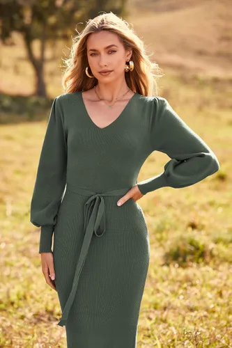Vista 4 de PRETTYGARDEN Womens 2024 Fall Knit Pullover Lantern Sleeve V Neck Maxi Dress