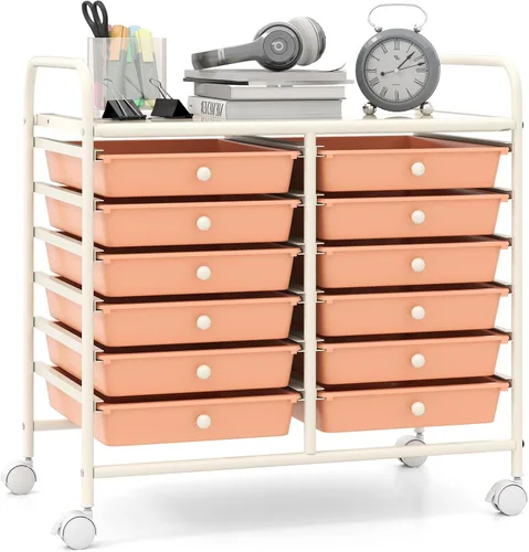 Vista 23 de Giantex Carrito con ruedas de 12 cajones, carrito de almacenamiento móvil con cajones, carrito organizador de aula para suministros escolares