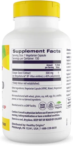 Vista 3 de Healthy Origins Extracto de semilla de uva de 300 mg, 150 cápsulas vegetales - MegaNatural-BP, hecho de uvas de California, apoya la salud
